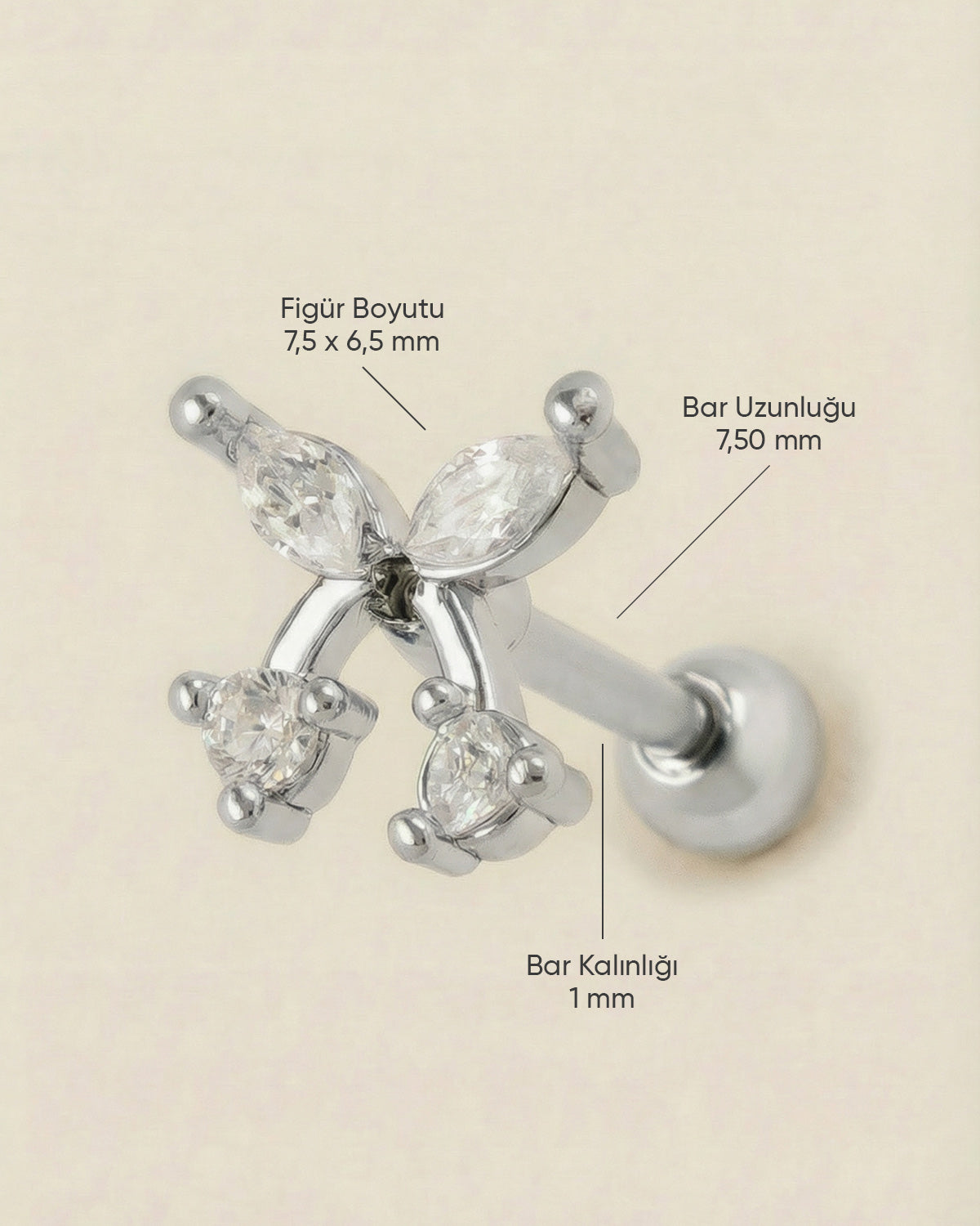 Gümüş renkli 316L cerrahi çelik yuvarlak zirkon taşlı kiraz formlu tragus piercing tasarımın ölçüleri.