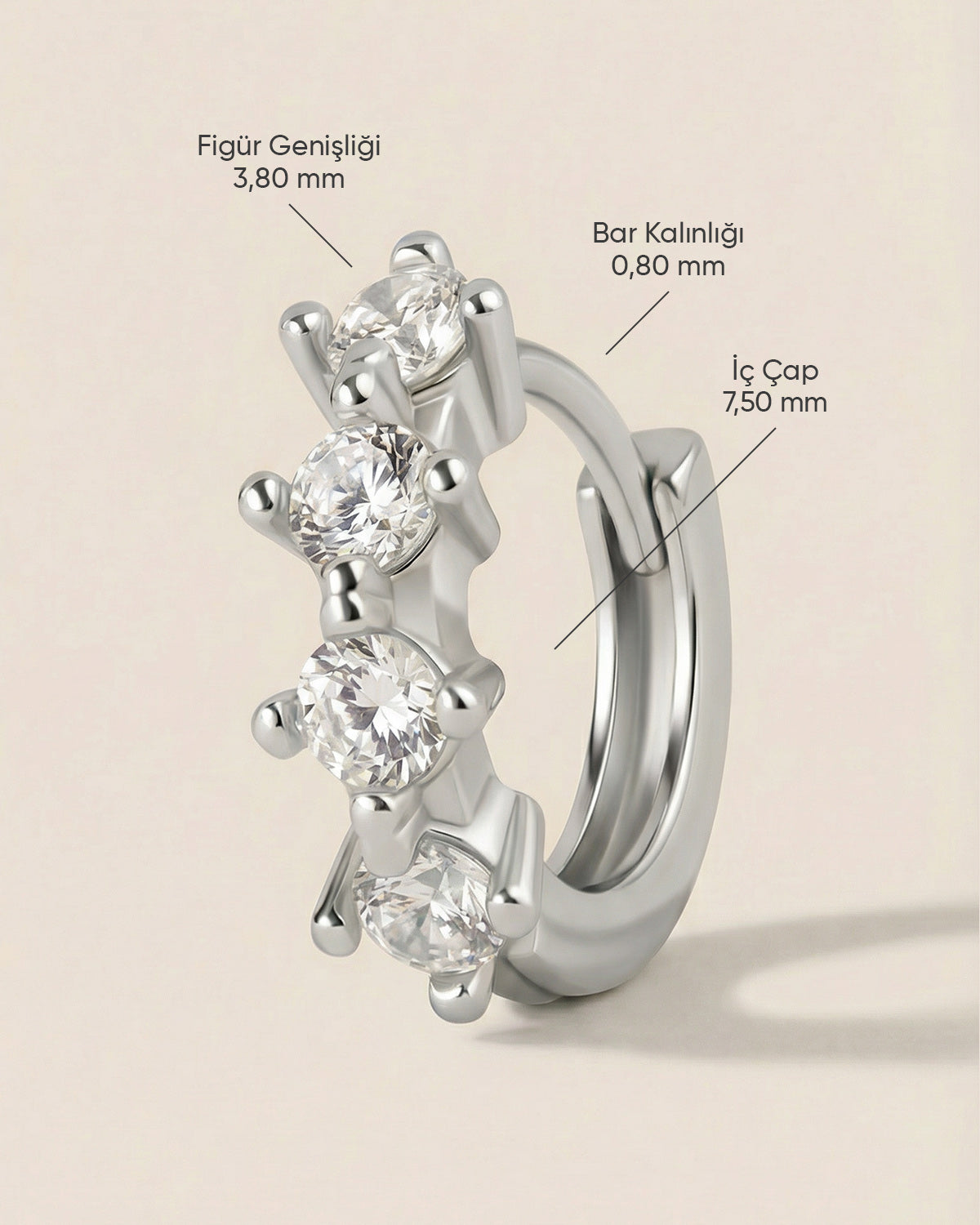 Gümüş renkli 316L çelik zirkon dört taşlı halka piercing tasarımın ölçüleri.