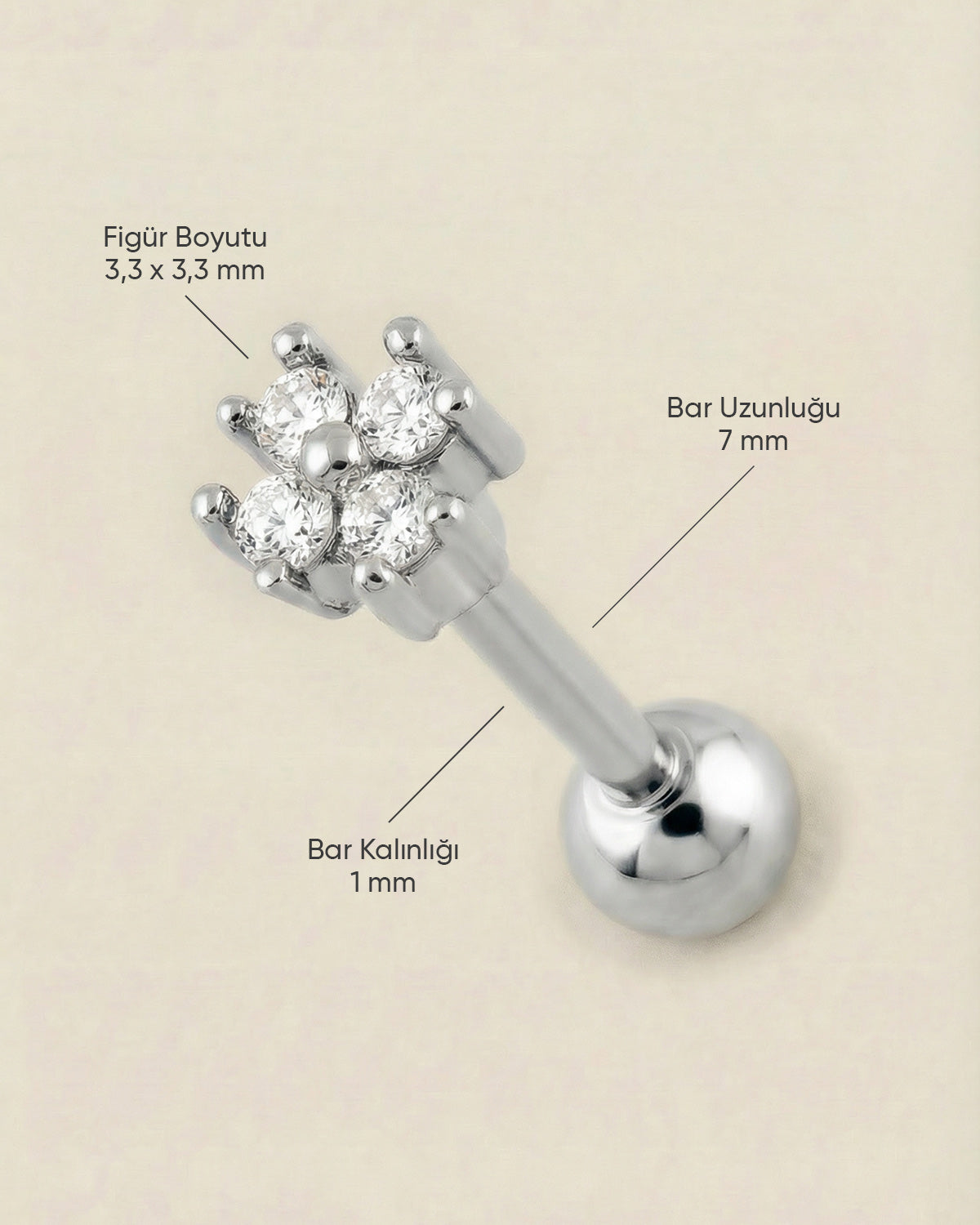 Gümüş renkli 316L cerrahi çelik zirkon dört taşlı yonca tragus piercing tasarımın ölçüleri.