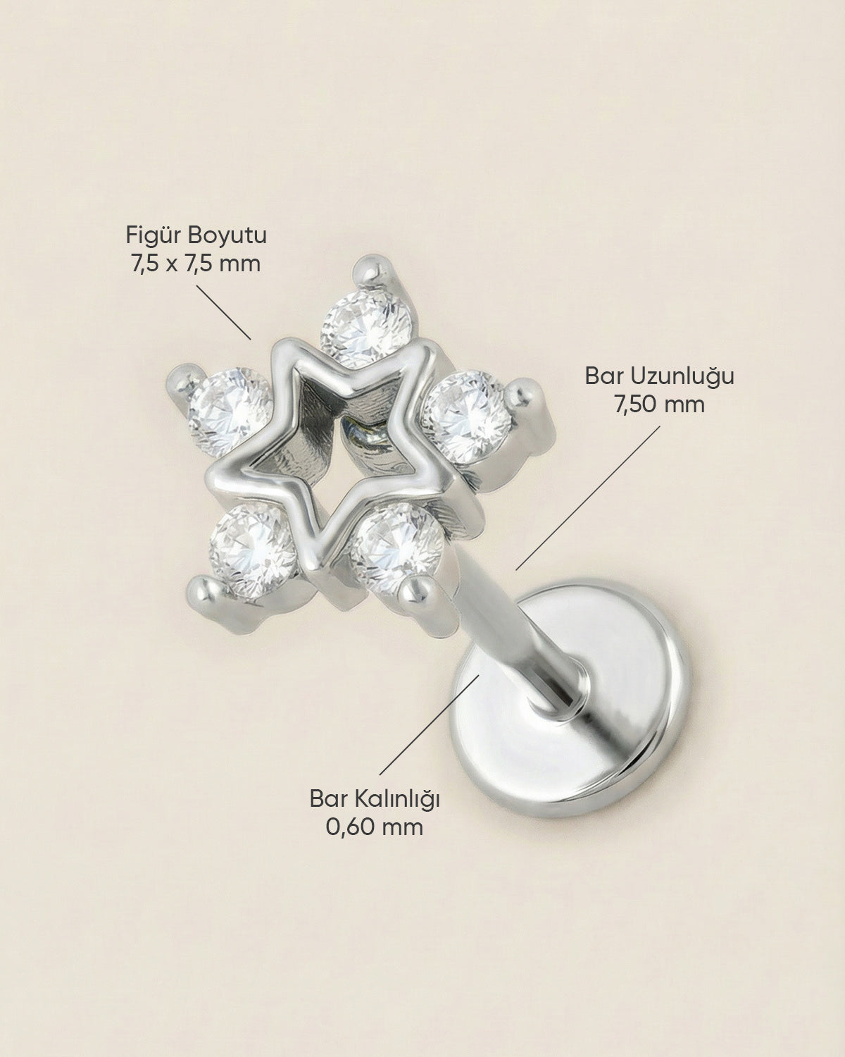 Gümüş renkli 316L cerrahi çelik zirkon taşlı beş köşeli yıldız flatback piercingin ölçüleri.