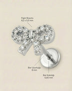 Gümüş renkli 316L cerrahi çelik zirkon taşlı fiyonk flatback piercing tasarımın ölçüleri.