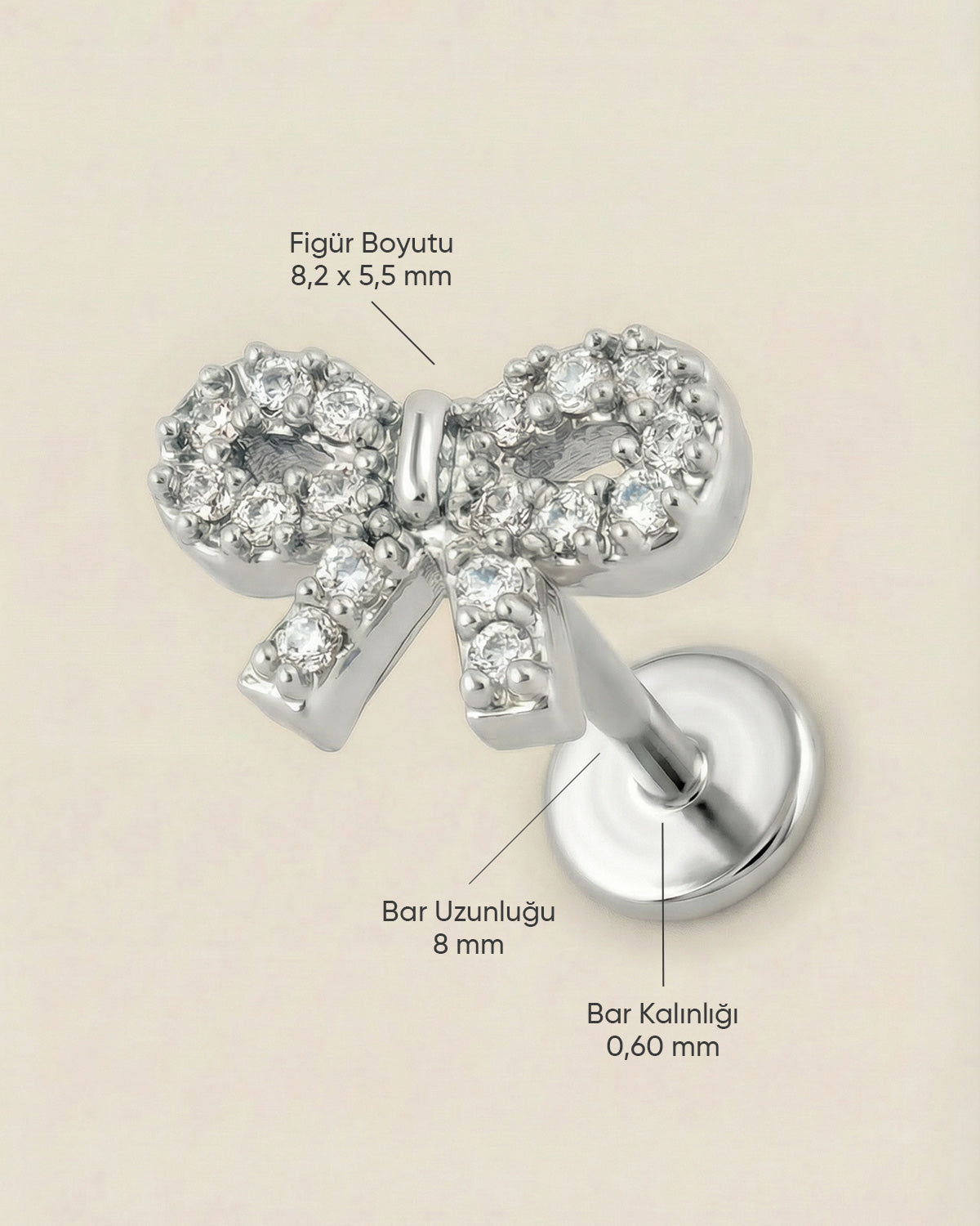 Gümüş renkli 316L cerrahi çelik zirkon taşlı fiyonk flatback piercing tasarımın ölçüleri.