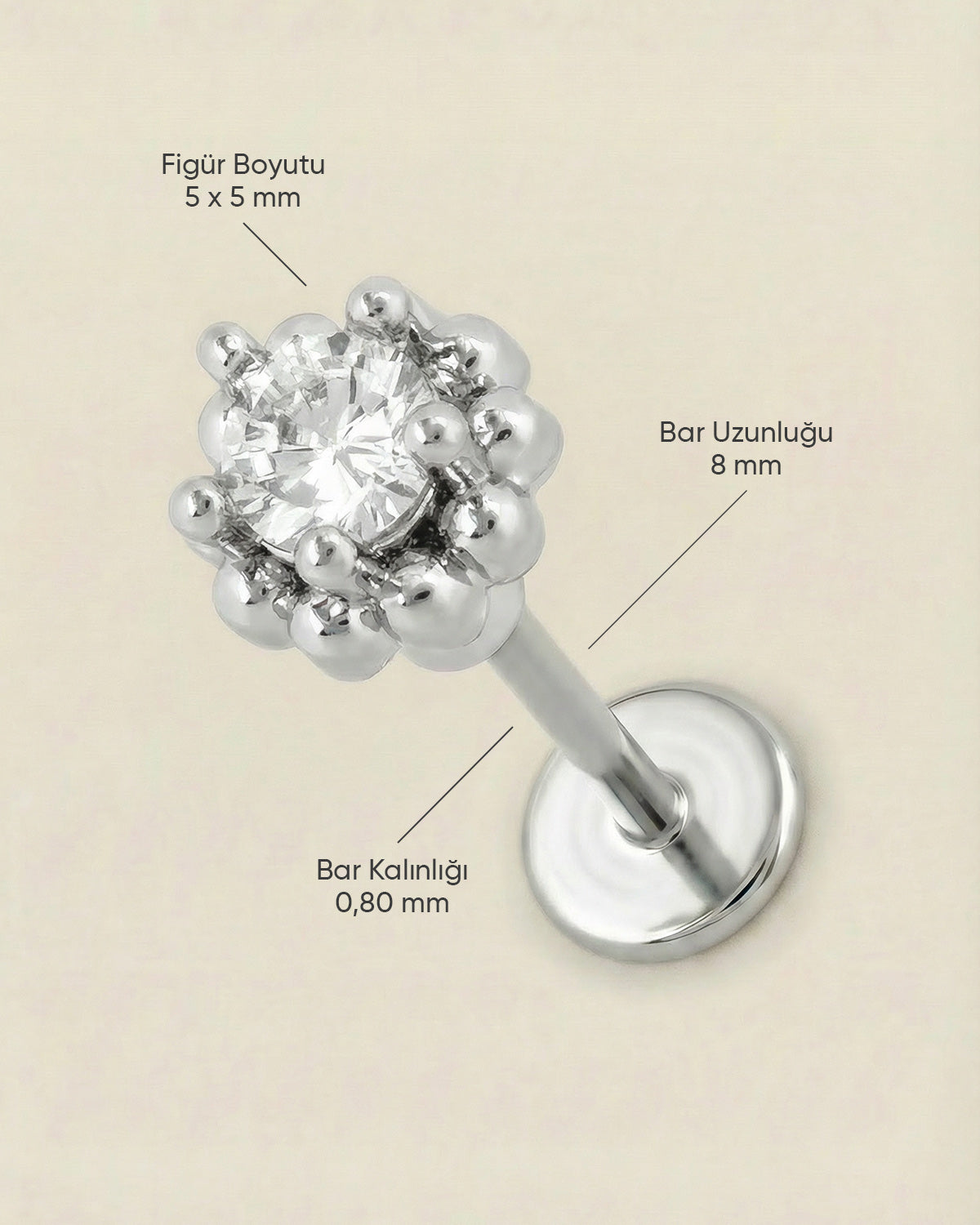 Gümüş renkli 316L cerrahi çelik zirkon taşlı minik halo flatback piercingin ölçü görseli.