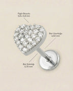 Gümüş renkli 316L cerrahi çelik zirkon taşlı kalp flatback piercing tasarımın ölçüleri.