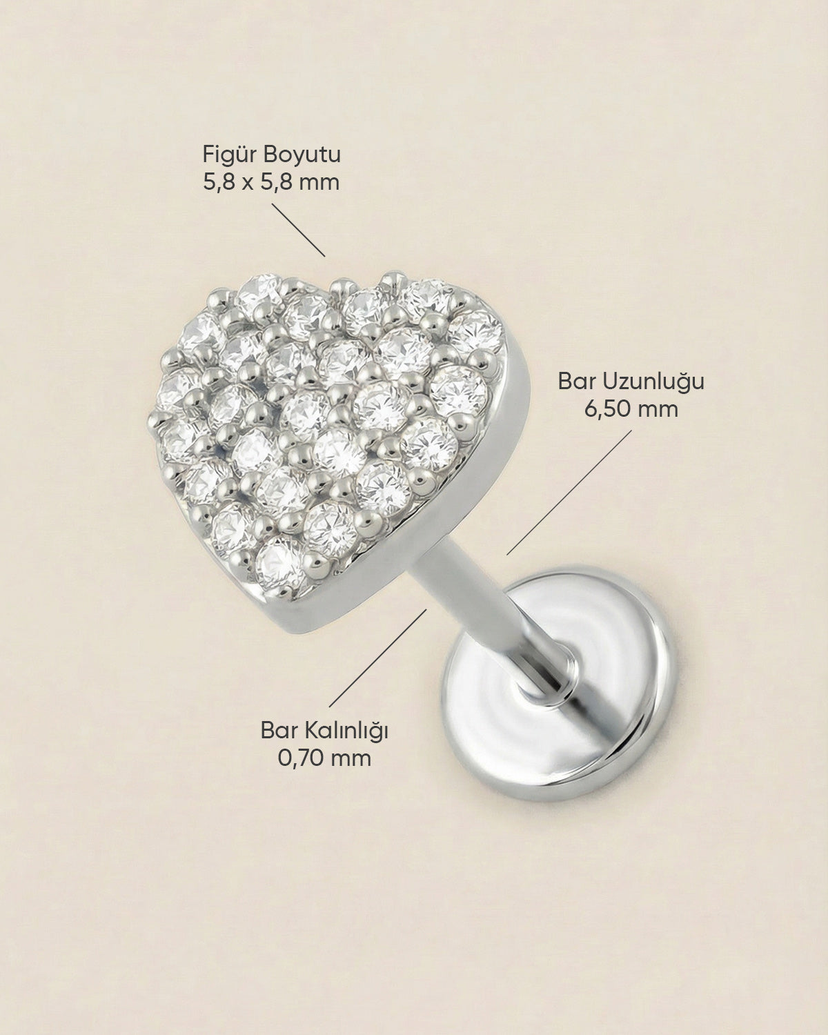 Gümüş renkli 316L cerrahi çelik zirkon taşlı kalp flatback piercing tasarımın ölçüleri.