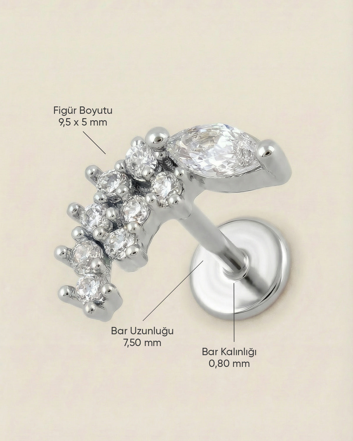 Gümüş renkli 316L cerrahi çelik zirkon taşlı kavisli flatback piercing tasarımın ölçüleri.