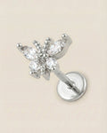 Gümüş renkli 316L cerrahi çelik zirkon taşlı kelebek flatback piercing tasarımı.