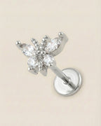 Gümüş renkli 316L cerrahi çelik zirkon taşlı kelebek flatback piercing tasarımı.