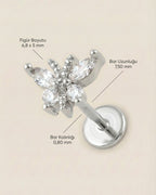 Gümüş renkli 316L cerrahi çelik zirkon taşlı kelebek flatback piercing tasarımın ölçüleri.