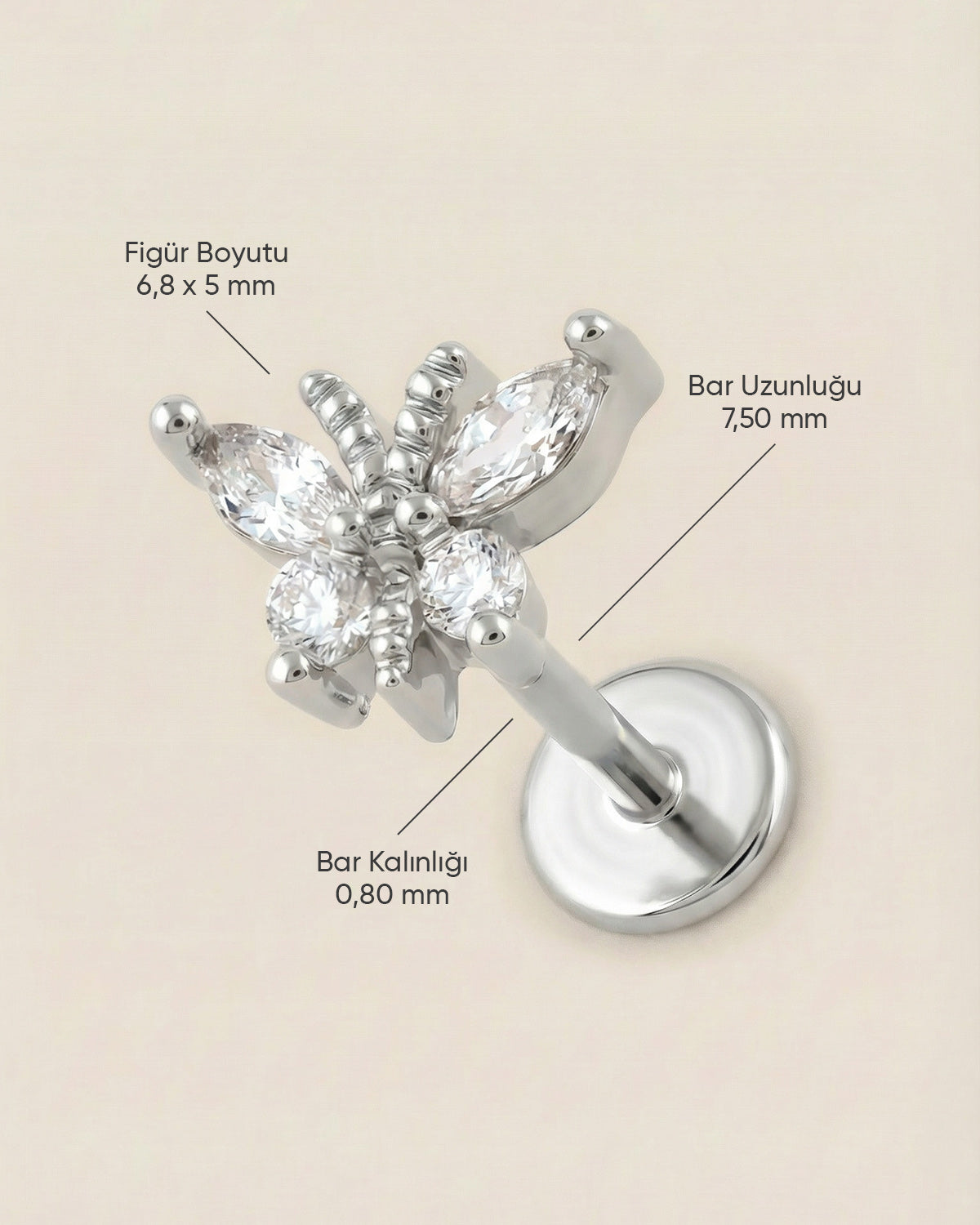 Gümüş renkli 316L cerrahi çelik zirkon taşlı kelebek flatback piercing tasarımın ölçüleri.