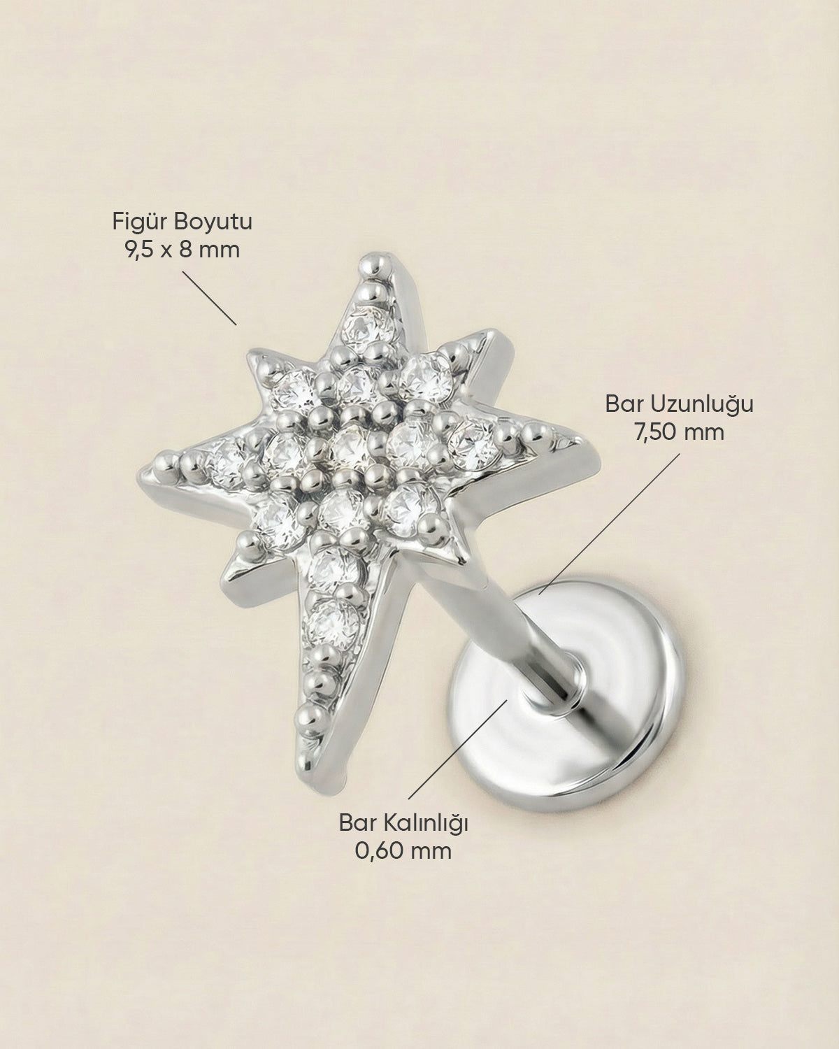 Gümüş renkli 316L cerrahi çelik zirkon taşlı kutup yıldızı flatback piercingin ölçüleri.