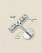 Gümüş renkli 316L cerrahi çelik zirkon taşlı minimal bar flatback piercing tasarımın ölçüleri.