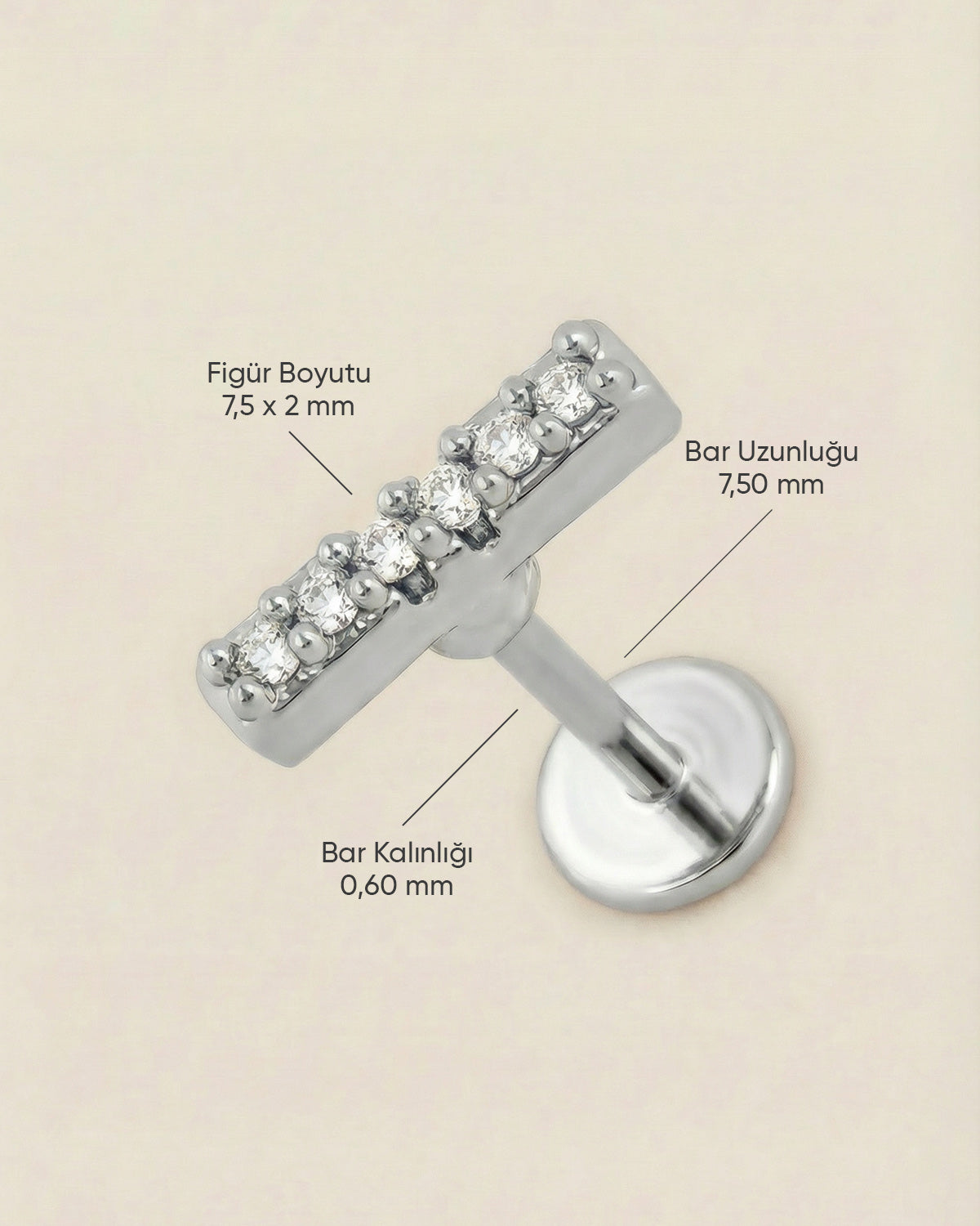 Gümüş renkli 316L cerrahi çelik zirkon taşlı minimal bar flatback piercing tasarımın ölçüleri.