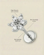 Gümüş renkli 316L cerrahi çelik zirkon taşlı minimal çiçek flatback piercingin ölçüleri.