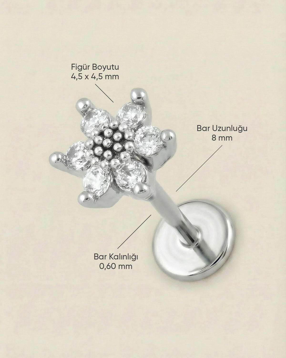 Gümüş renkli 316L cerrahi çelik zirkon taşlı minimal çiçek flatback piercingin ölçüleri.