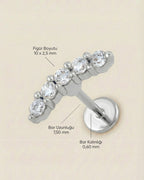 Gümüş renkli 316L cerrahi çelik zirkon taşlı minimal kavisli flatback piercingin ölçüleri.