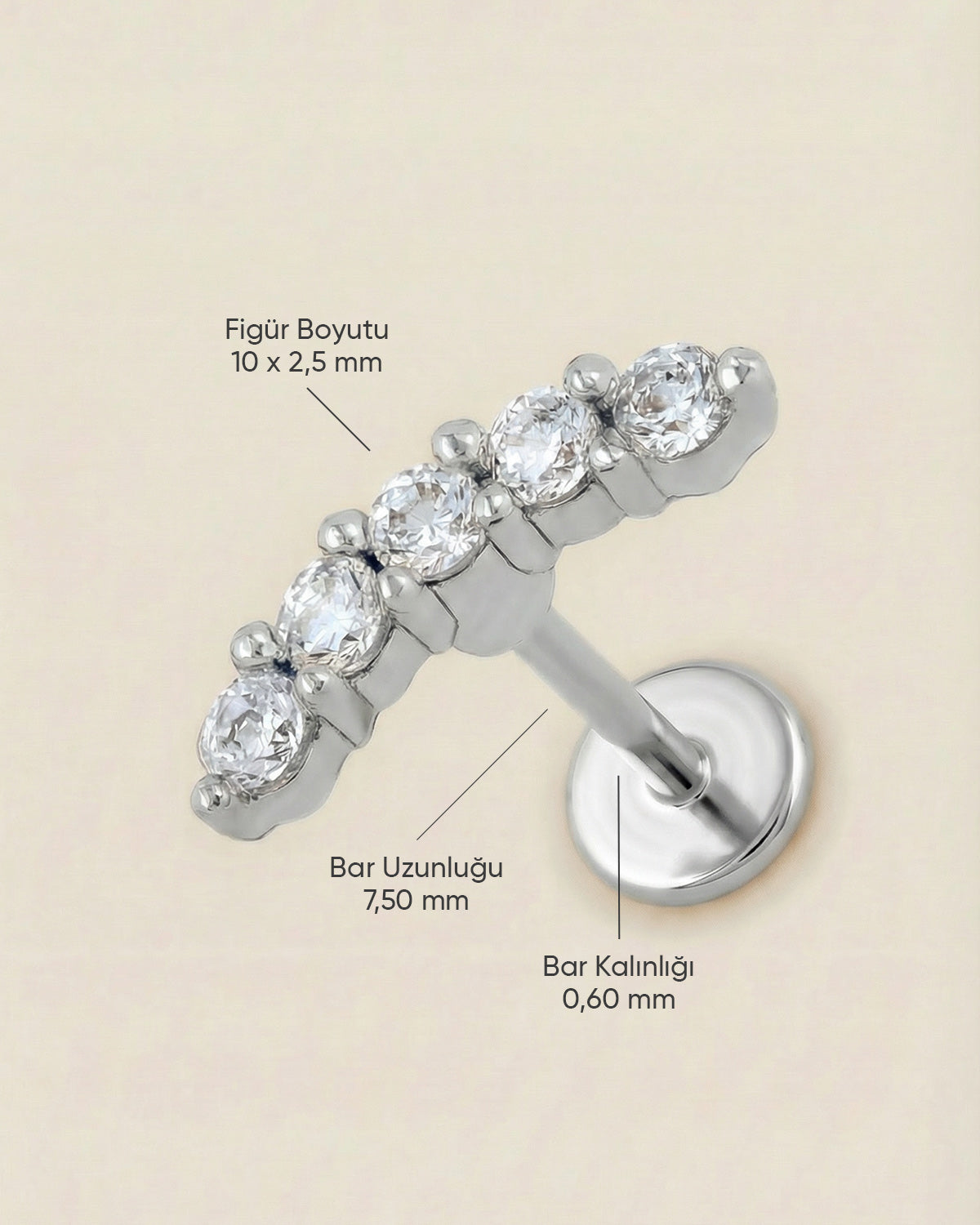Gümüş renkli 316L cerrahi çelik zirkon taşlı minimal kavisli flatback piercingin ölçüleri.