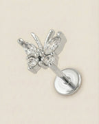 Gümüş renkli 316L cerrahi çelik zirkon taşlı minimal kelebek flatback piercing tasarımı.