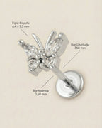 Gümüş renkli 316L cerrahi çelik zirkon taşlı minimal kelebek flatback piercing tasarımın ölçüleri.