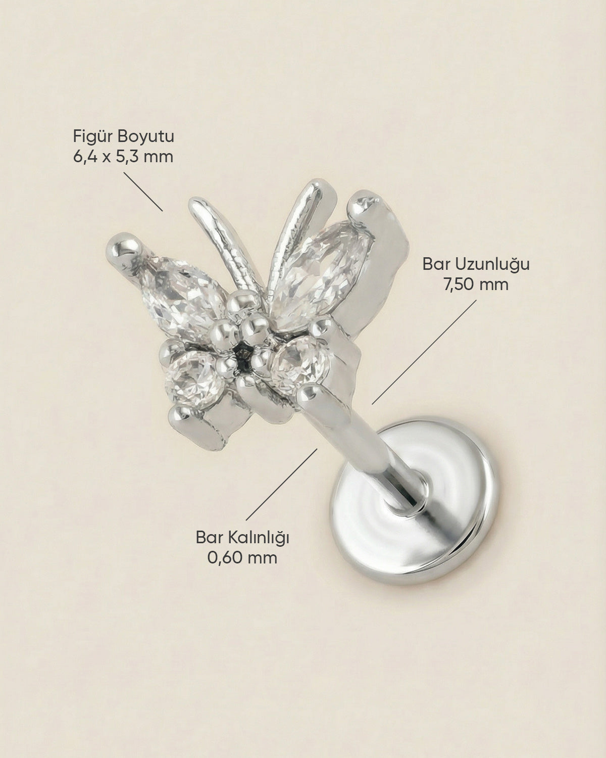 Gümüş renkli 316L cerrahi çelik zirkon taşlı minimal kelebek flatback piercing tasarımın ölçüleri.