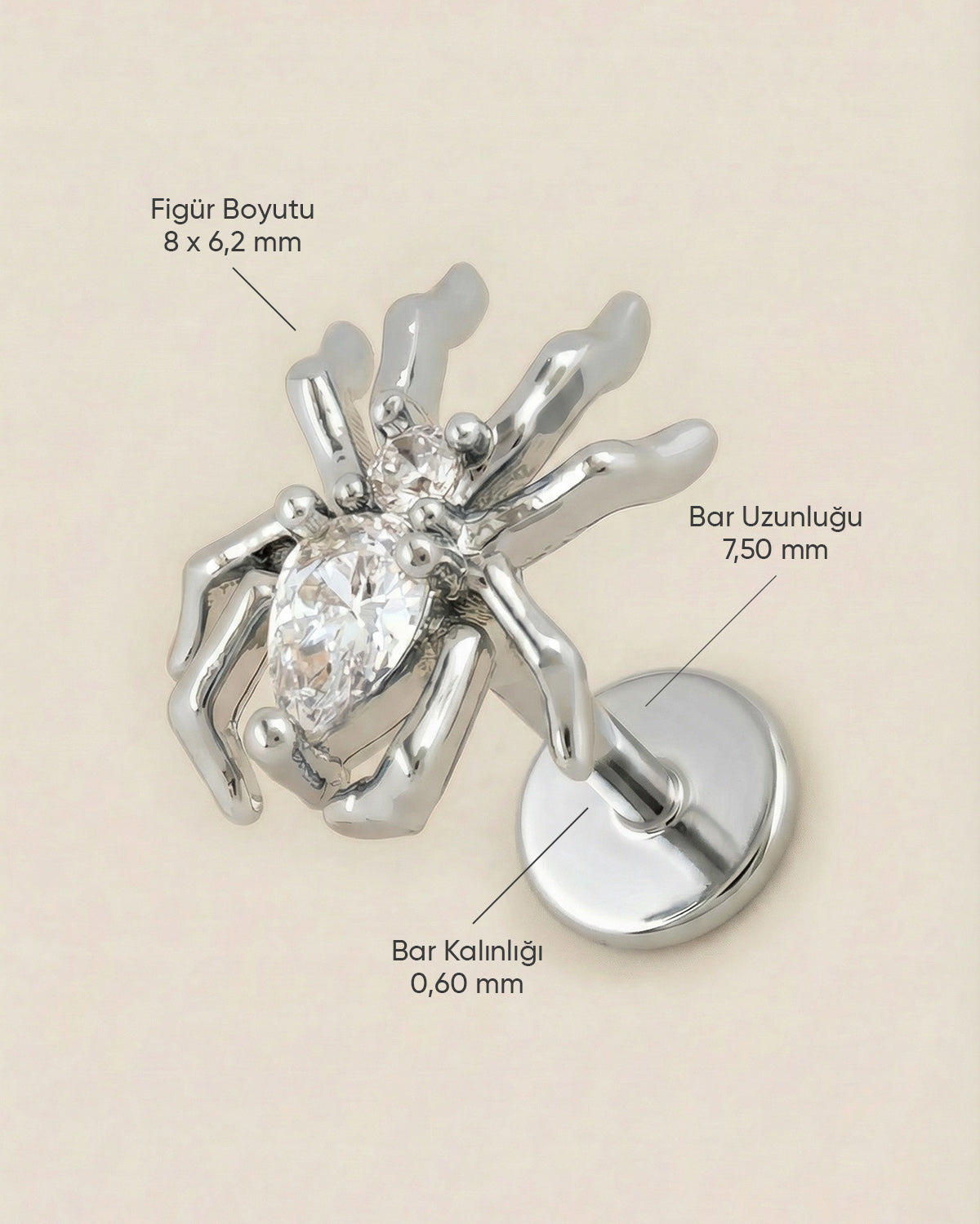 Gümüş renkli 316L cerrahi çelik zirkon taşlı örümcek figür flatback piercingin ölçüleri.