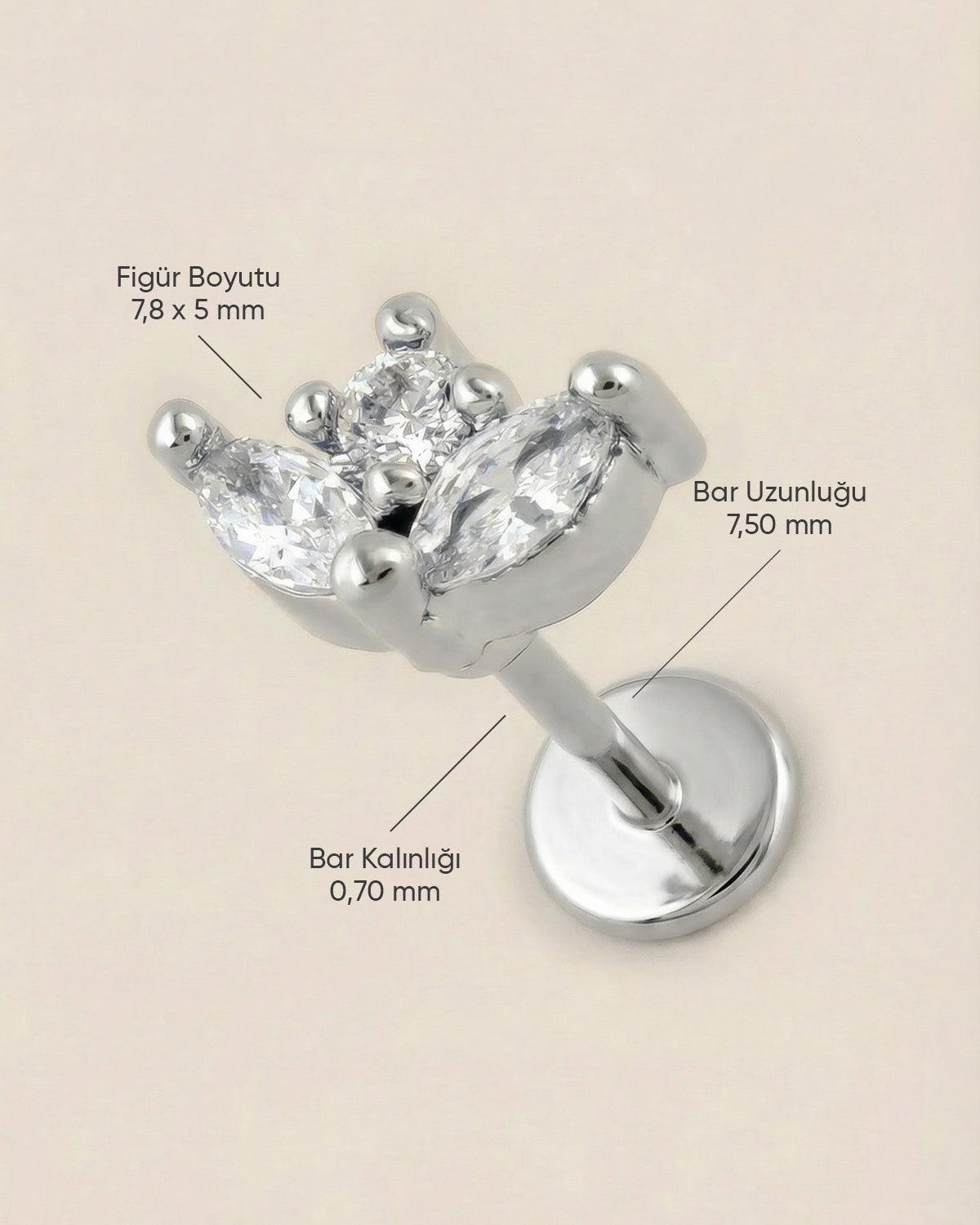 Gümüş renkli 316L cerrahi çelik zirkon taşlı taç formlu flatback piercing tasarımın ölçüleri.
