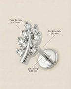 Gümüş renkli 316L cerrahi çelik zirkon taşlı yaprak dalı flatback piercing tasarımın ölçüleri.