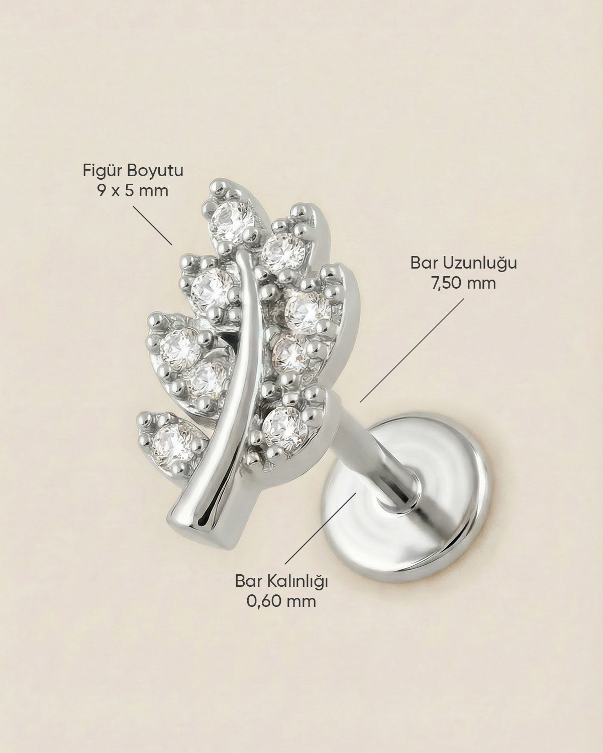 Gümüş renkli 316L cerrahi çelik zirkon taşlı yaprak dalı flatback piercing tasarımın ölçüleri.