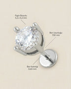 Gümüş renkli 316L cerrahi çelik zirkon tektaş flatback piercing tasarımın ölçüleri.