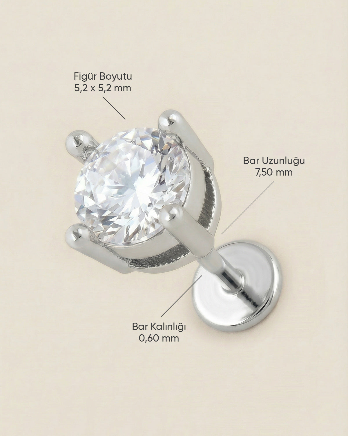 Gümüş renkli 316L cerrahi çelik zirkon tektaş flatback piercing tasarımın ölçüleri.