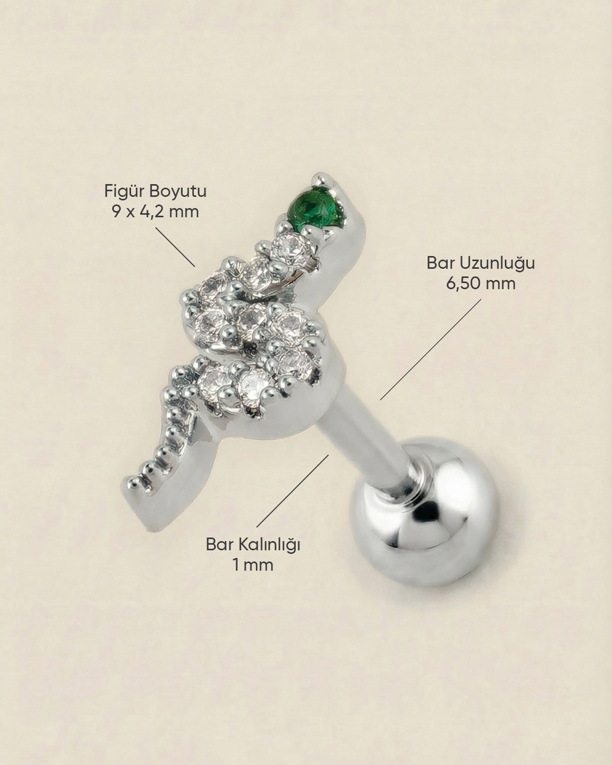 Gümüş renkli 316L cerrahi çelik zümrüt yeşili ve zirkon taşlı yılan tragus piercing tasarımın ölçüleri.