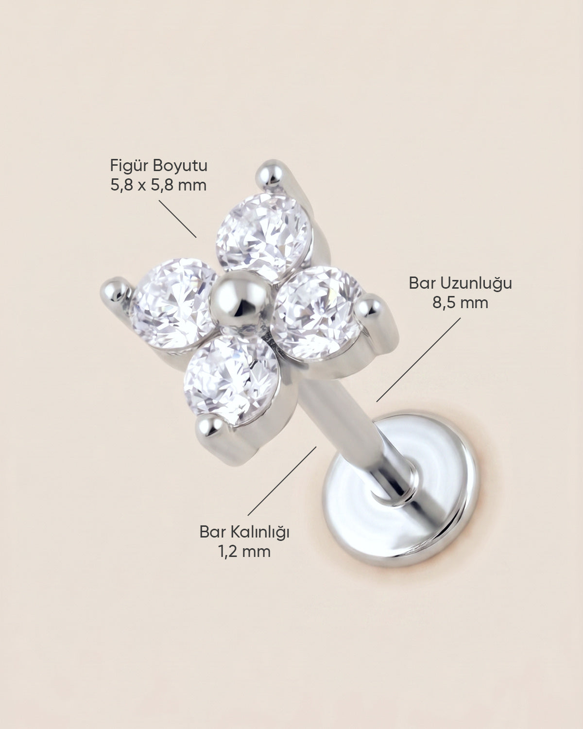Gümüş renkli 316L cerrahi çelik 4 taşlı flatback piercingin ölçü görseli.