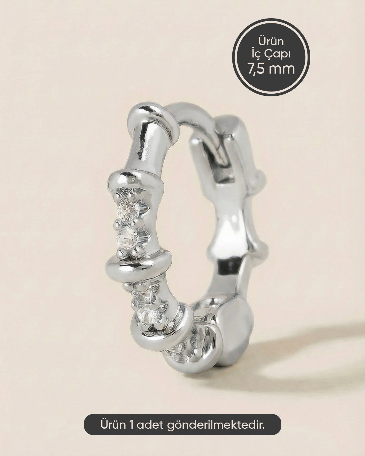 Gümüş renkli 316L cerrahi çelik bambu formlu zirkon taşlı halka piercing tasarımı.