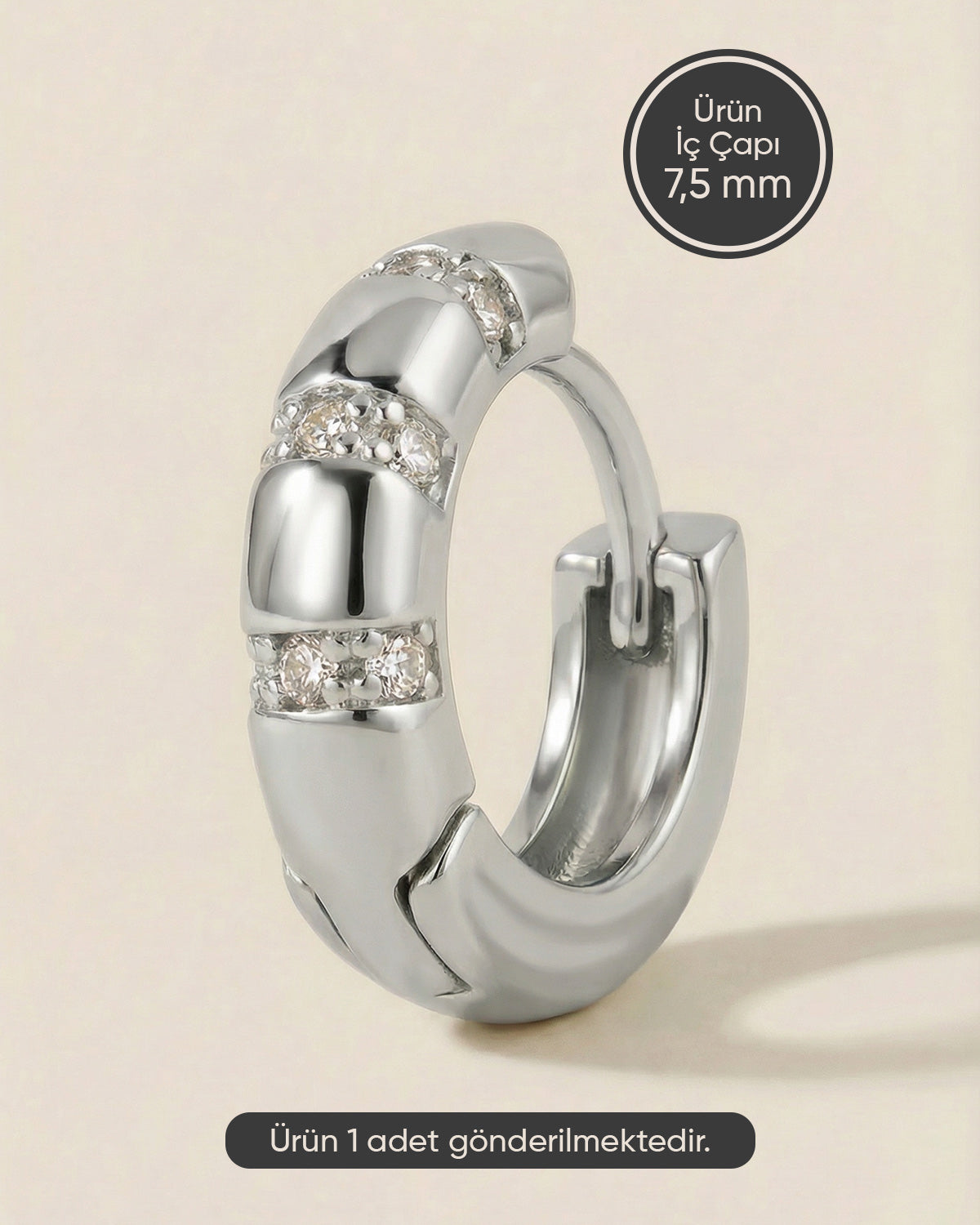 Gümüş renkli 316L cerrahi çelik blok tasarımlı zirkon taşlı halka piercing tasarımı.
