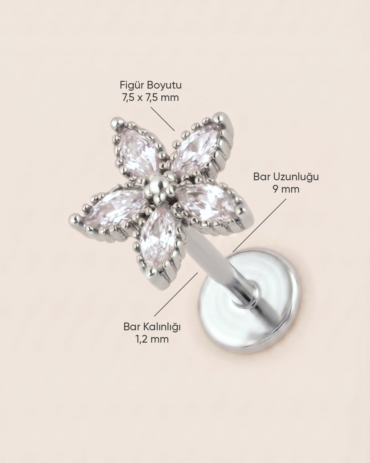 Gümüş Renkli Cerrahi Çelik Çiçek Figürlü Flatback Piercing