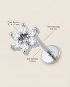 Gümüş renkli 316L cerrahi çelik çiçek flatback piercingin ölçü görseli.