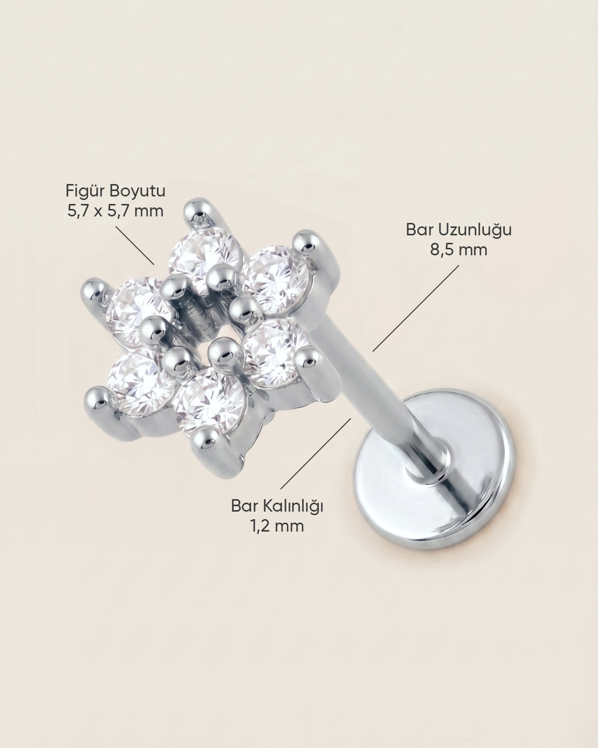 Gümüş renkli 316L cerrahi çelik çiçek flatback piercingin ölçü görseli.