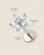 Gümüş renkli 316L cerrahi çelik çiçek formlu flatback piercingin ölçü görseli.