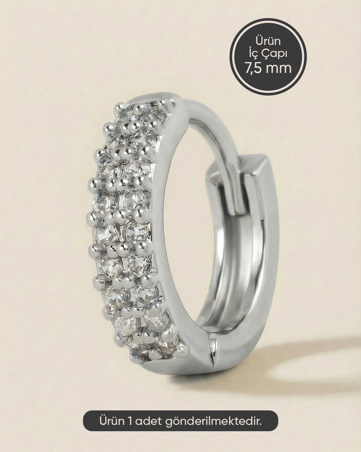 Gümüş renkli 316L cerrahi çelik çift sıra zirkon taşlı halka piercing tasarımı.