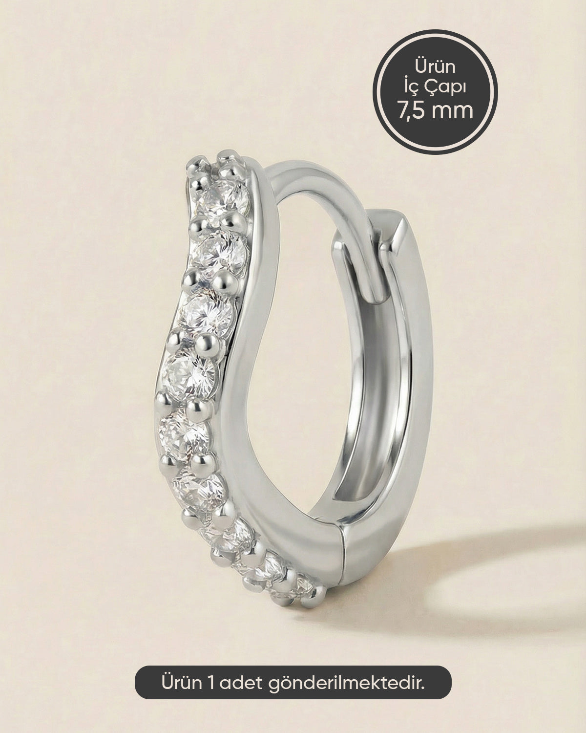 Gümüş renkli 316L cerrahi çelik dalga formlu zirkon taşlı halka piercing tasarımı.