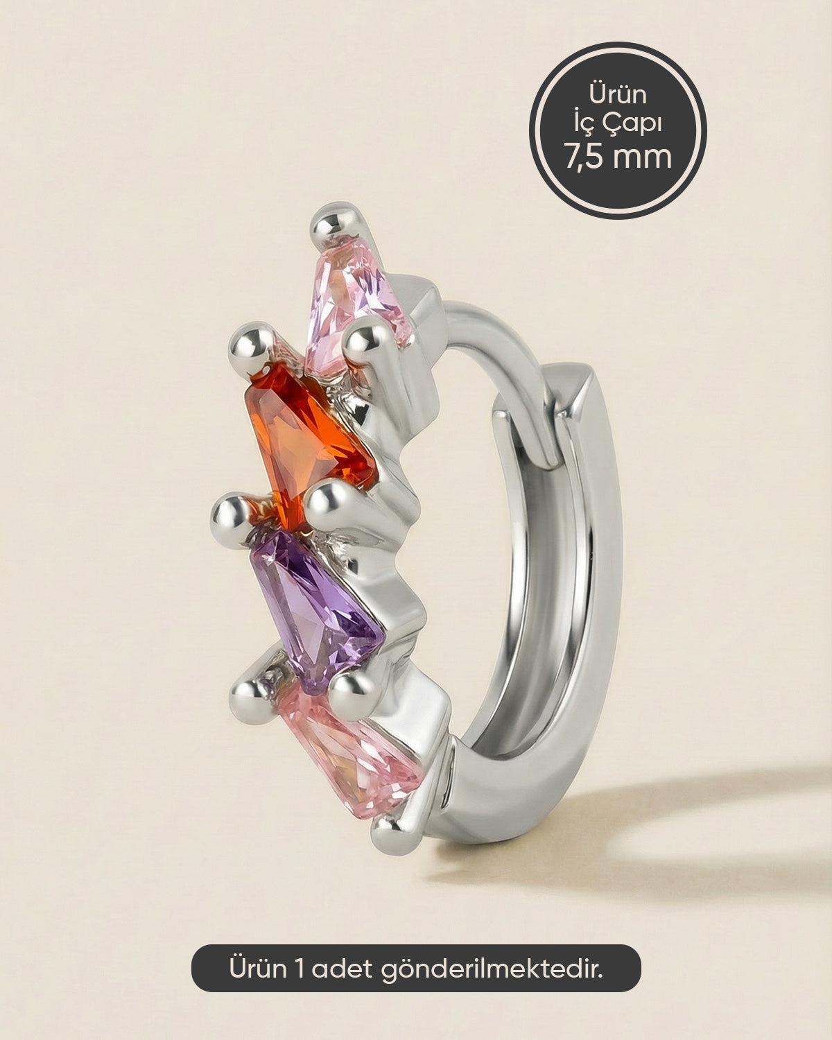 Gümüş renkli 316L cerrahi çelik geometrik renkli zirkon taşlı halka piercing tasarımı.