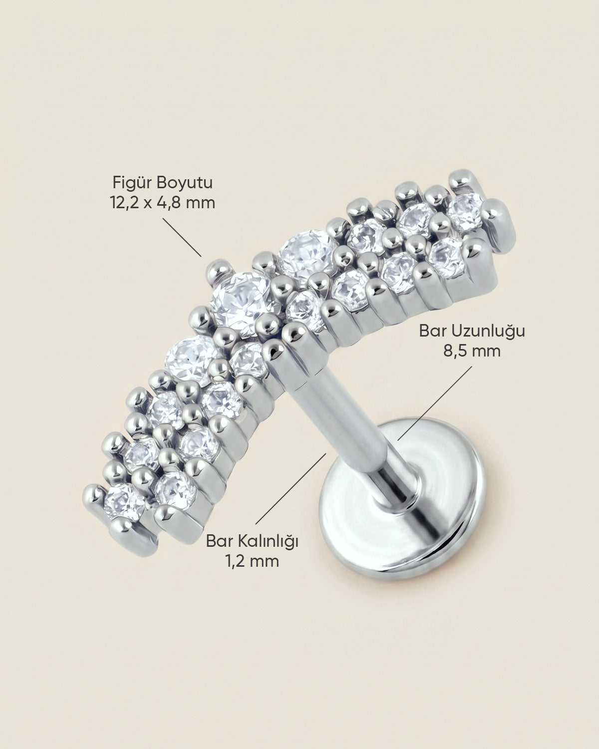 Gümüş renkli 316L cerrahi çelik görkemli kavisli flatback piercingin ölçü görseli.