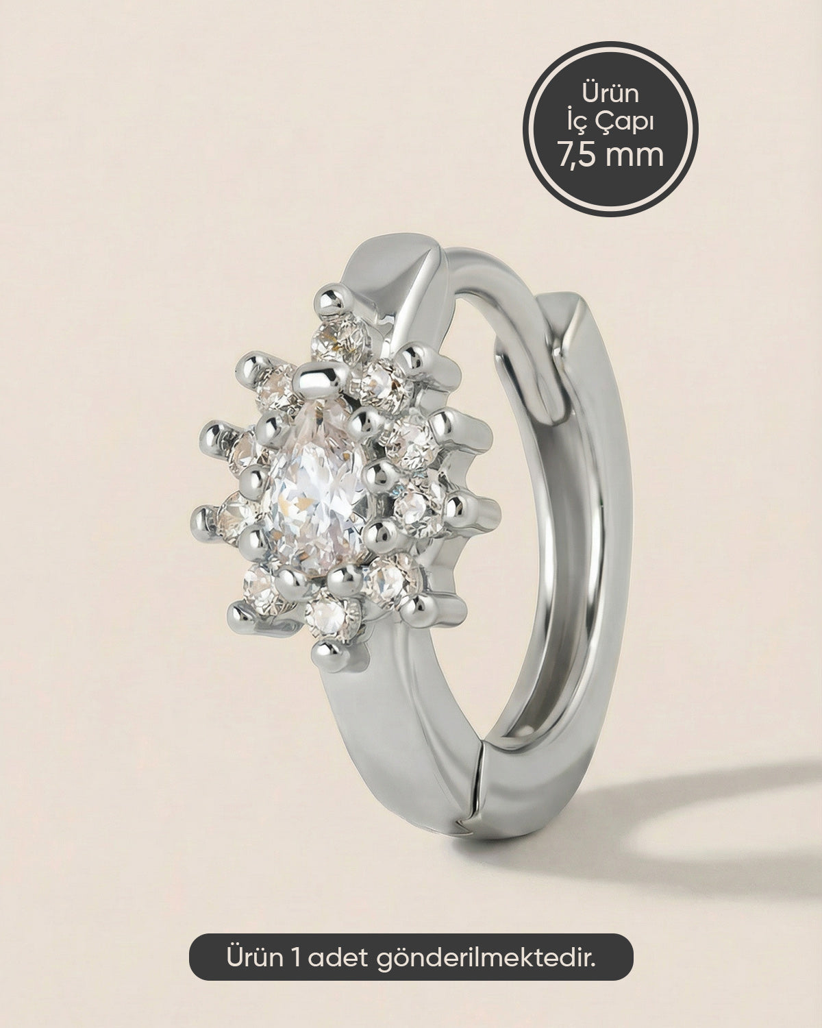 Gümüş renkli 316L cerrahi çelik halo montür oval zirkon taşlı halka piercing tasarımı.