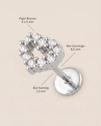 Gümüş renkli 316L cerrahi çelik kalp flatback piercingin ölçü görseli.