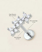 Gümüş renkli 316L cerrahi çelik kavisli 3 çiçek figürlü flatback piercingin ölçü görseli.