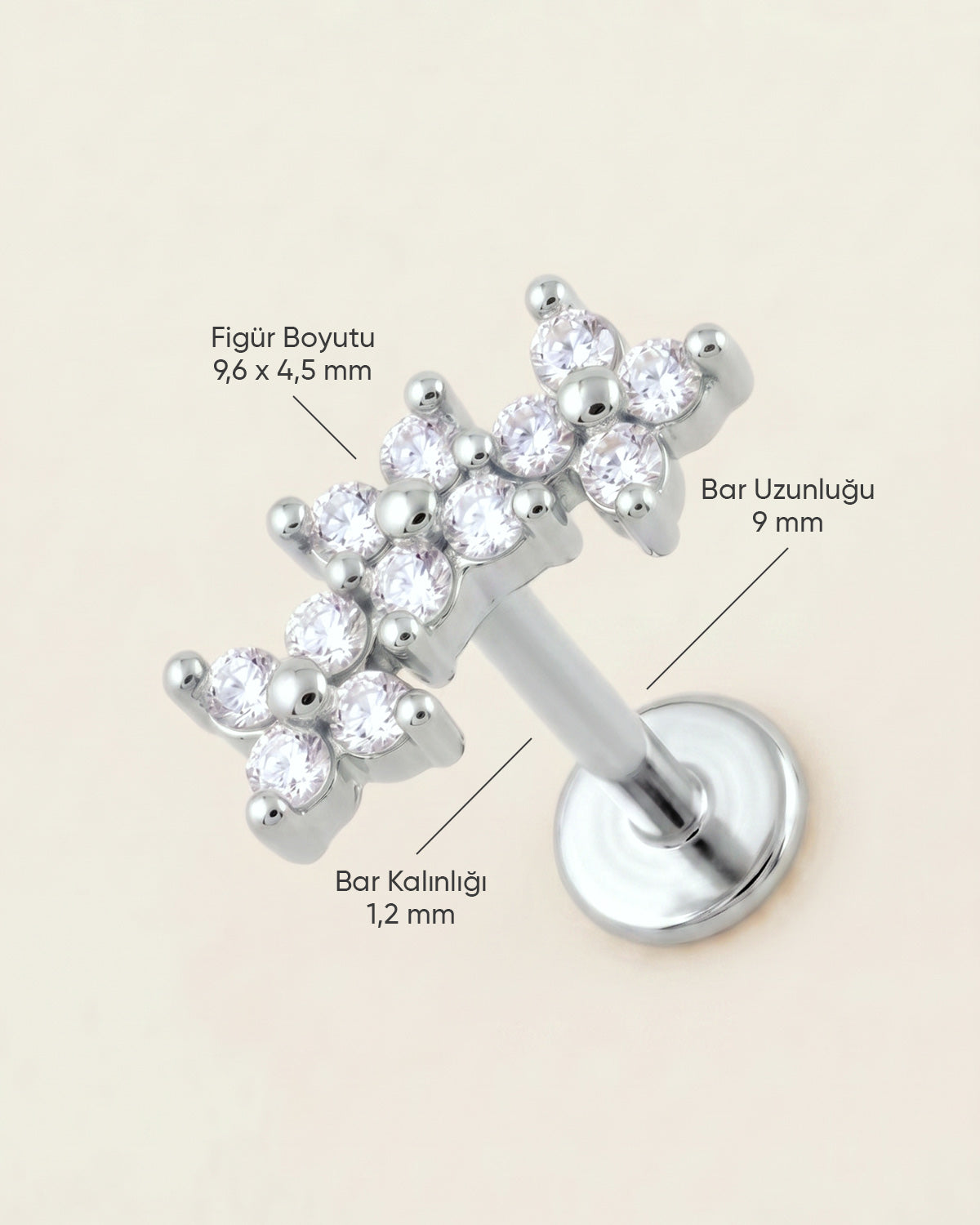 Gümüş renkli 316L cerrahi çelik kavisli 3 çiçek figürlü flatback piercingin ölçü görseli.