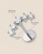 Gümüş renkli 316L cerrahi çelik kavisli 5 taşlı flatback piercingin ölçü görseli.