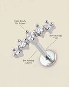 Gümüş renkli 316L cerrahi çelik kavisli 5 zirkon taşlı flatback piercingin ölçü görseli.