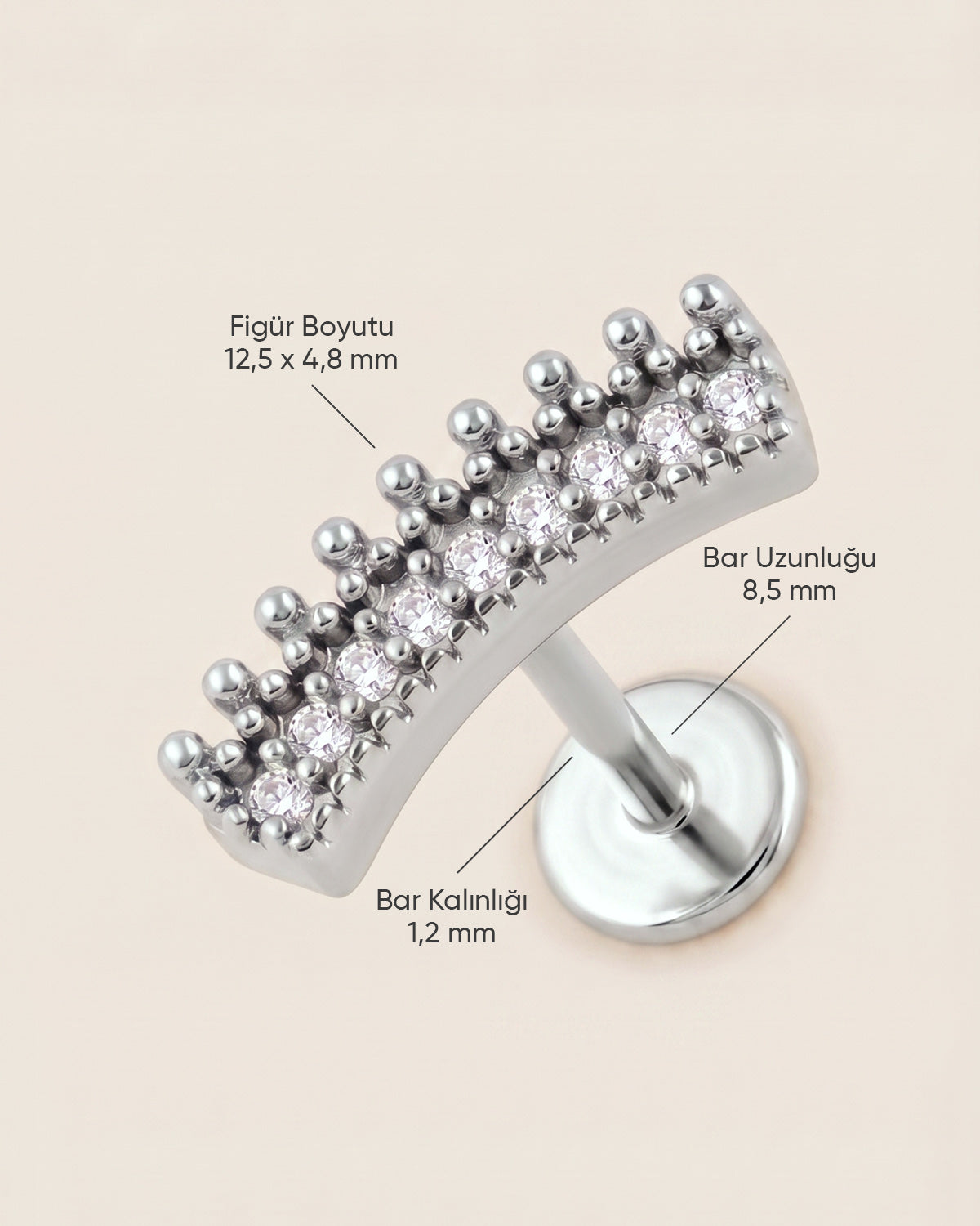 Gümüş renkli 316L cerrahi çelik kavisli büyük taş figürlü flatback piercingin ölçü görseli.