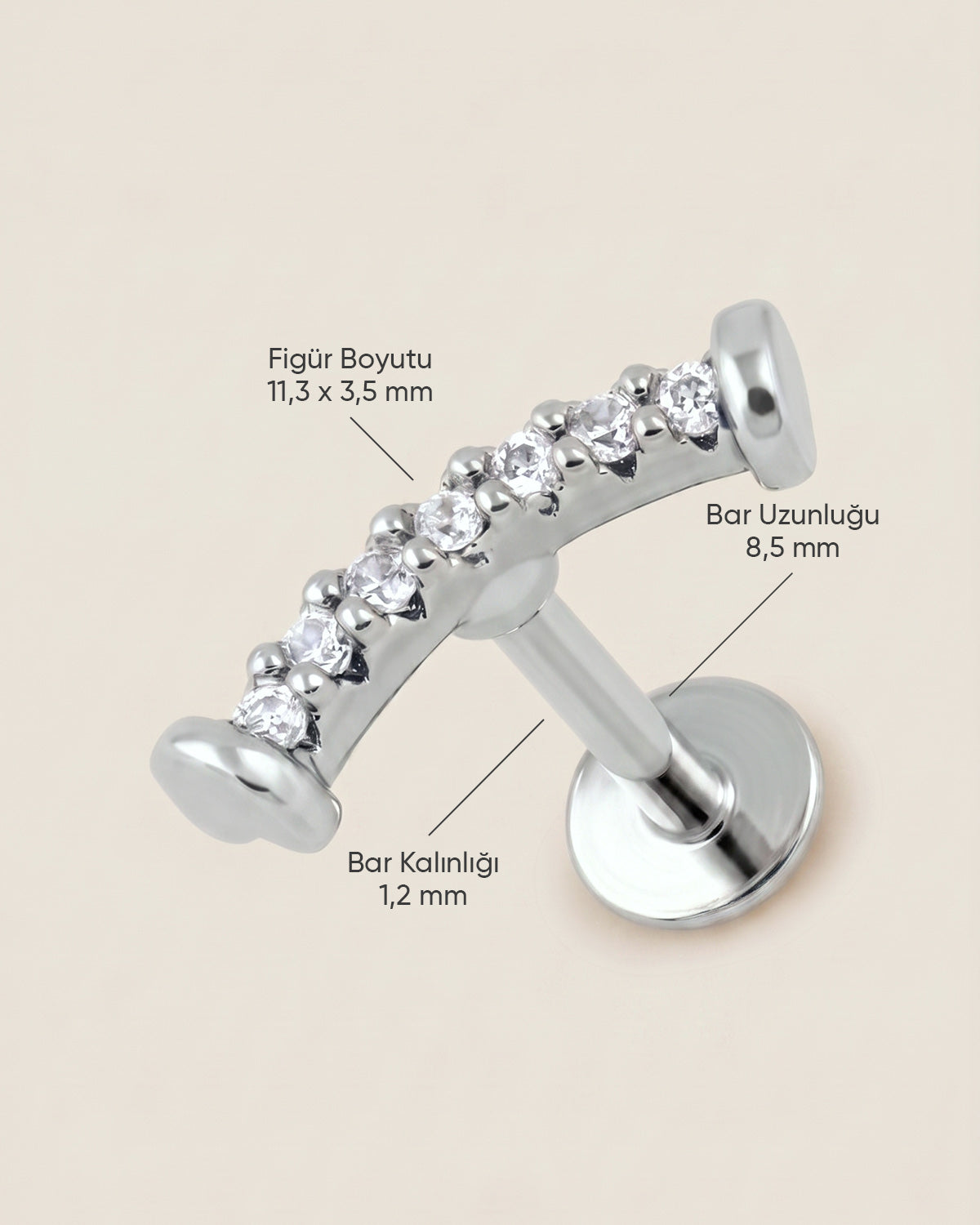 Gümüş renkli 316L cerrahi çelik kavisli flatback piercingin ölçü görseli.
